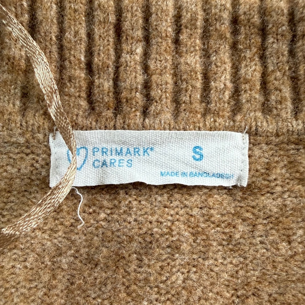 Womens Tan Black Striped Polo V-Neck Wool Blend Sweater Oversized Small Preppy - Picture 4 of 6